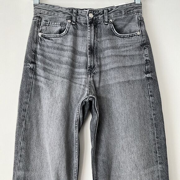Zara Wide Leg Jeans Charcoal High Rise Full Length Raw Hem 12 - Picture 4 of 9